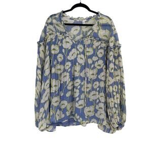 Cato Floral Periwinkle Green Ruffle Peasant Long Sleeve Flowy Blouse Women’s 3x